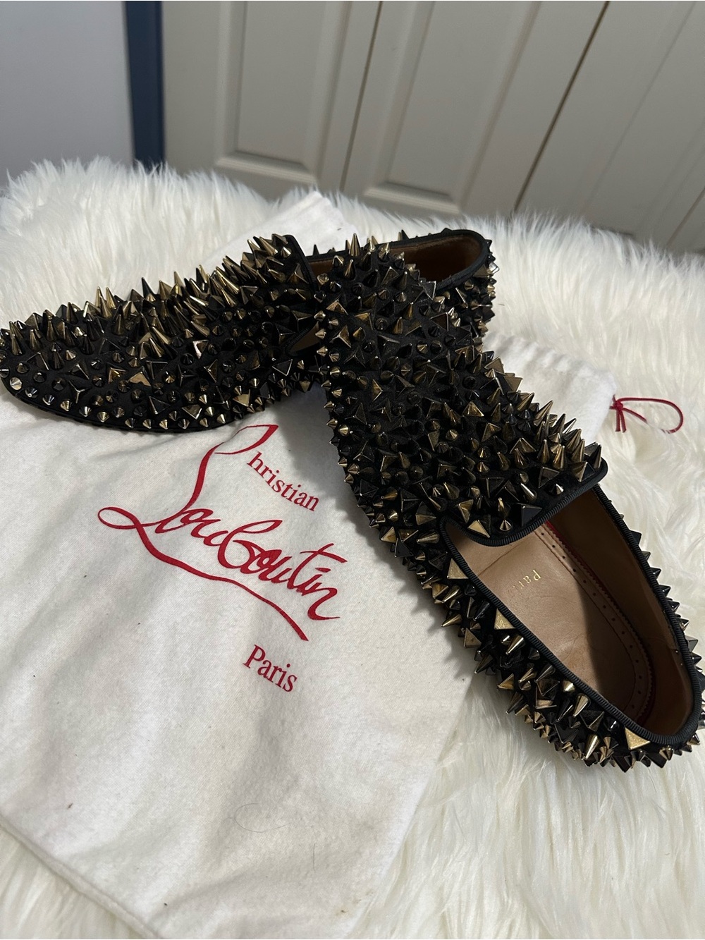 Christian Louboutin Black  men’s sz 10 Spike-Studded Loafers with Gold Accents